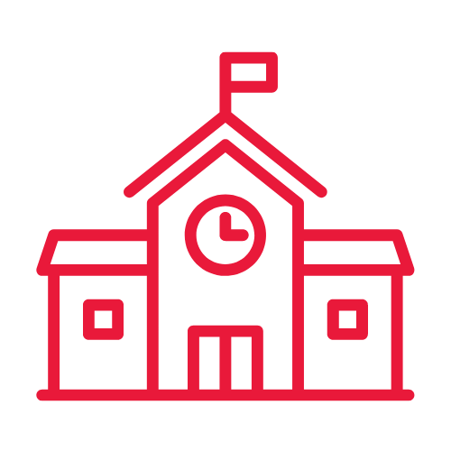 A red icon of a school with a clock and a flag on top of the school