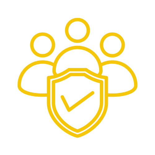 an icon that represents safety with three people in the back, and a shield in the front with a checkmark on it