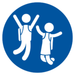 two student icons jumping up in a blue circle