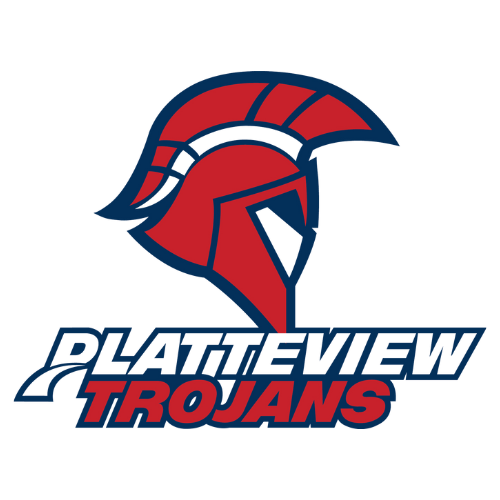 The Platteview Trojans logo with the words underneath it, and a Trojan, head on top in red blue and white