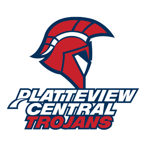 The logo for Platteview Central Trojans, in red and blue and white