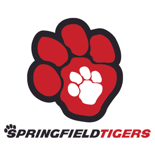 the school logo for the Springfield tigers in red and black, with a white paw in the middle of a larger red paw