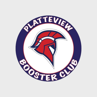 Platteview booster club logo circle with a Trojan head in the middle, red blue and white,