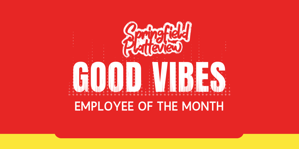 Good Vibes employee of the month text in white on a red and yellow background