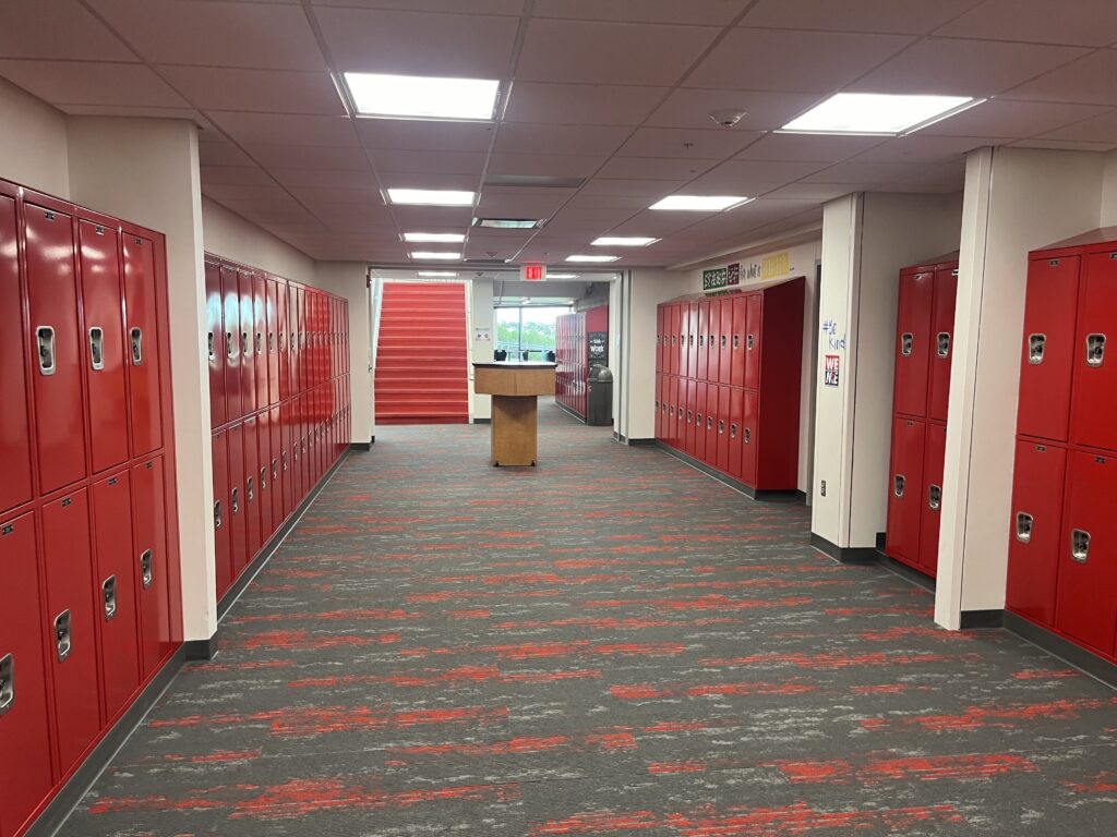 hallway at platteview Central, lots of red lockers