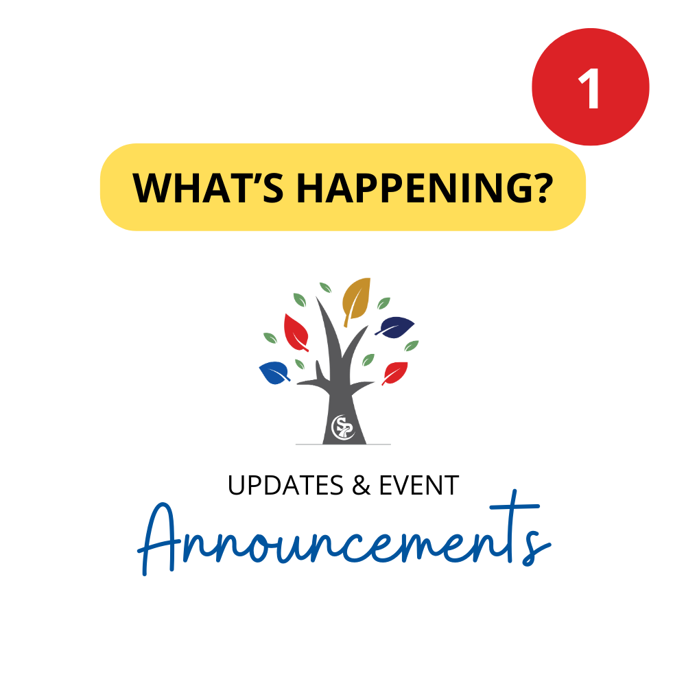 white square icon with the words what's happening updates and event announcements