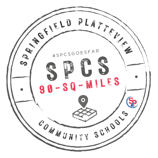 a circle with the words Springfield Platteview, #spcsgoesfar and SPCS 90 square miles and community schools on it. The SP logo in red and whit also.